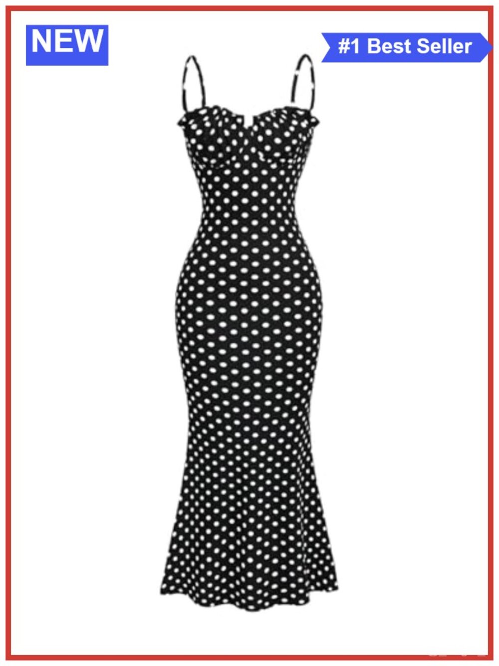 Polka Dot Fishtail Maxi Dress Sweetheart Neck Frill Trim Bodycon
